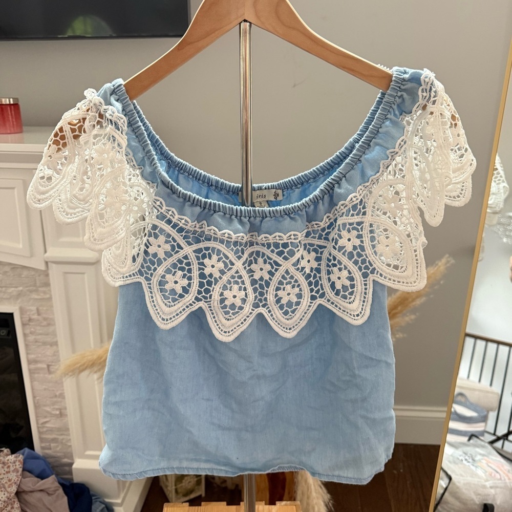 Blue Lace Trim Off-Shoulder Top - Picture 1 of 8